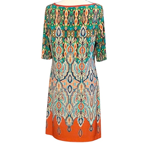 Eliza J Dress 6 Shift 1/2 Sleeve Paisley Medallion Orange Green - Picture 6 of 10